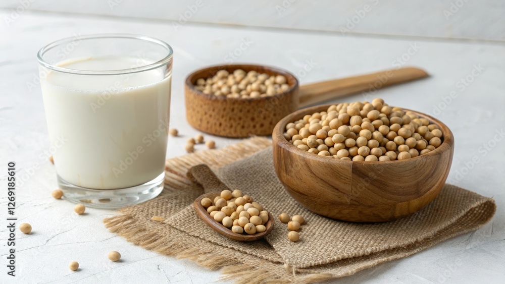 Fresh Soy Milk and Soybeans on a Rustic Surface - A refreshing glass of soy milk beside bowls of whole soybeans on a textured fabric, showcasing a healthy plant-based lifestyle Fresh Soy Milk and Soybeans on a Rustic Surface - A refreshing glass of soy milk beside bowls of whole soybeans on a textured fabric, showcasing a healthy plant-based lifestyle