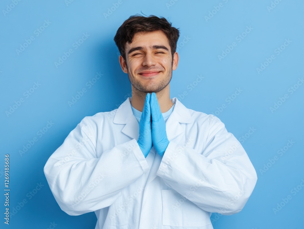 Cheerful young male scientist expressing gratitude with hands together, wearing a lab coat and blue gloves against a vibrant blue background