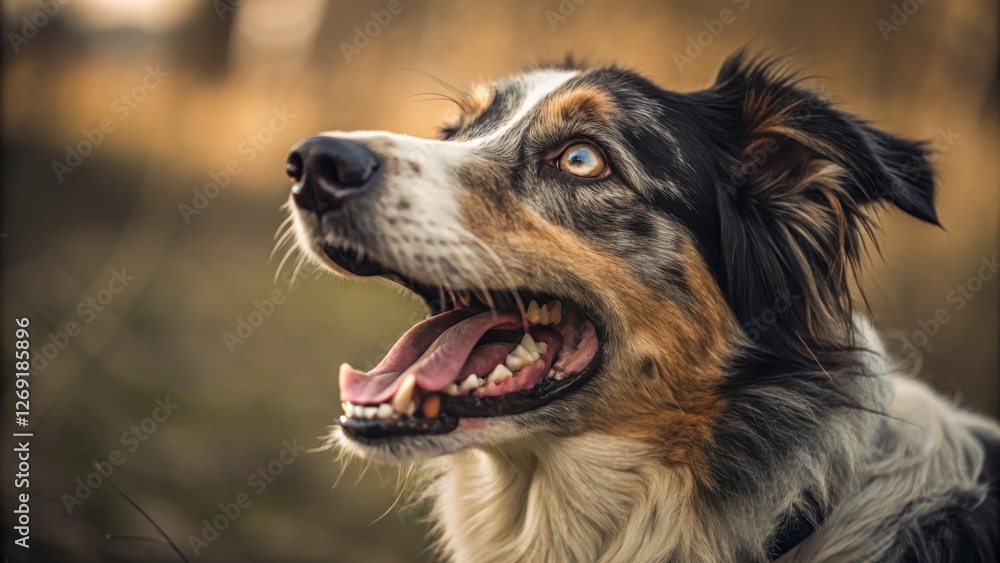 Fototapeta premium Happy Dog with Bright Eyes in Natural Environment - A joyful dog gazes upwards in a serene outdoor setting, showcasing its playful nature and vibrant fur