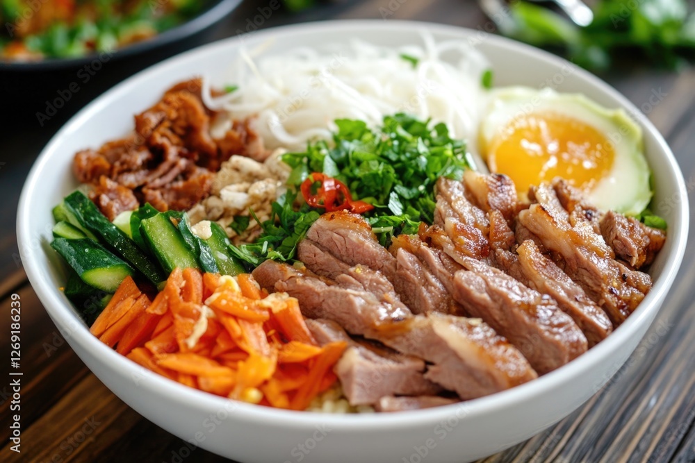 Freshly prepared meal of mixed vegetables and ground meat in a white bowl Freshly prepared meal of mixed vegetables and ground meat in a white bowl