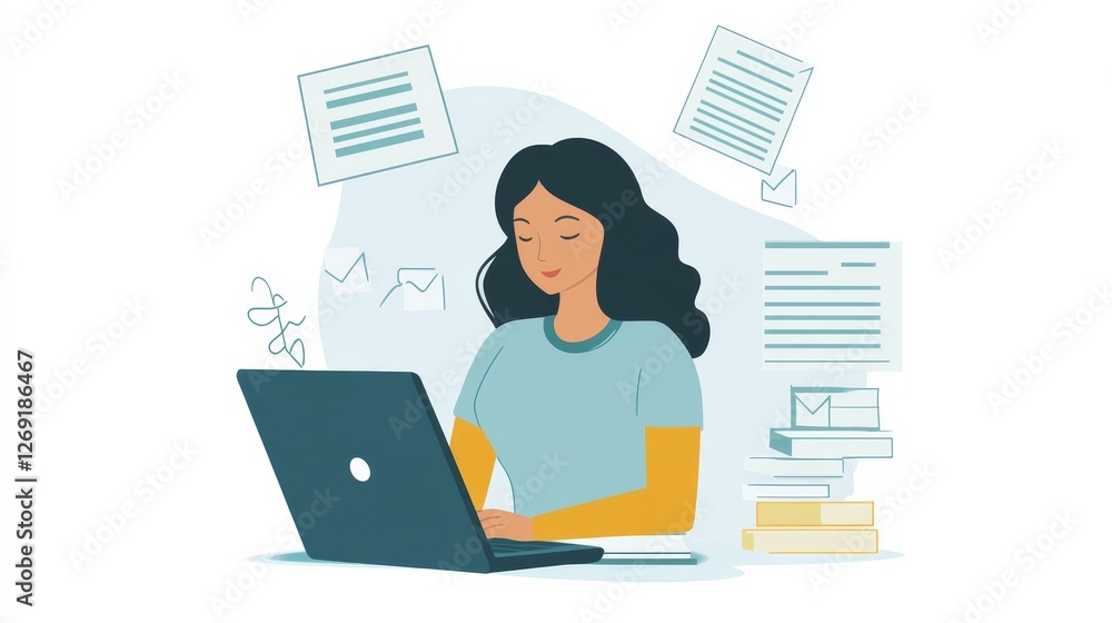 Woman working on laptop with illuminated digital documents and electronic signature elements Woman working on laptop with illuminated digital documents and electronic signature elements