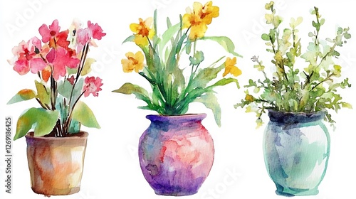 Wallpaper Mural Colorful watercolor paintings of potted plants showcasing pink flowers, yellow blooms, and green herbs Torontodigital.ca