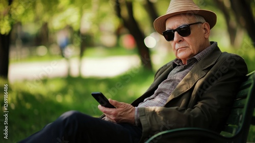 Elderly man wearing a hat and sunglasses seated on a park bench outdoors with...