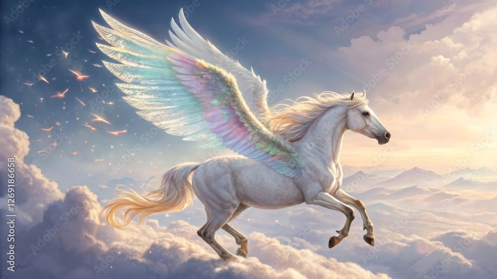 Fototapeta premium Majestic Winged Horse in Flight - A stunning white winged horse soaring through the clouds, radiating magic and beauty with colorful iridescent wings against a serene sky
