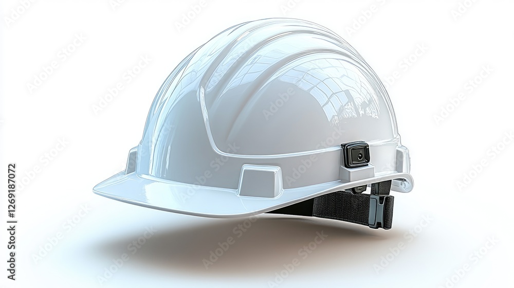 Fototapeta premium White construction helmet placed on a reflective surface, showcasing its design and safety features