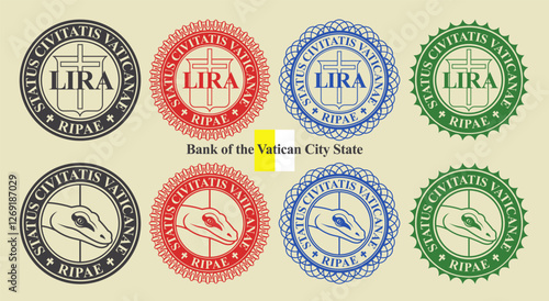 Vector graphic set of financial fictional seals. Collection of round icons with snake head and lira symbol, inscription in latin means Bank of city of vatican state. Emblems or badges