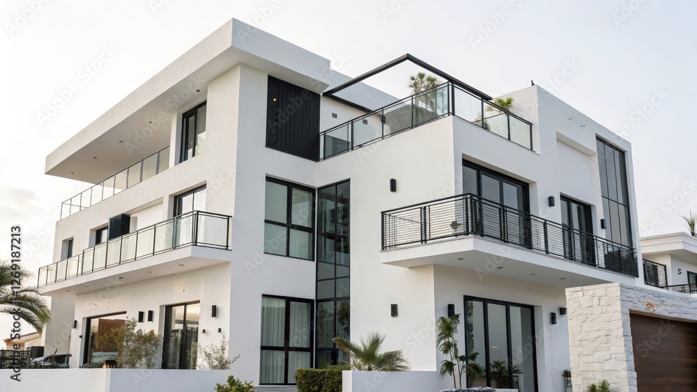 Modern Luxury House with Clean Lines - A stunning modern luxury house featuring a sleek design, large windows, and multiple balconies, surrounded by greenery Modern Luxury House with Clean Lines - A stunning modern luxury house featuring a sleek design, large windows, and multiple balconies, surrounded by greenery