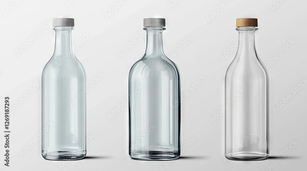 Glass bottles with different cap styles displayed on a neutral background showcasing modern beverage packaging design Glass bottles with different cap styles displayed on a neutral background showcasing modern beverage packaging design