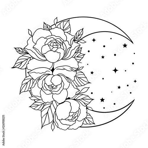 Elegant black and white vector illustration of a crescent moon adorned with blooming roses and delicate flowers, surrounded by stars. Perfect for tattoos, prints, stickers, engraving, and mystical 
