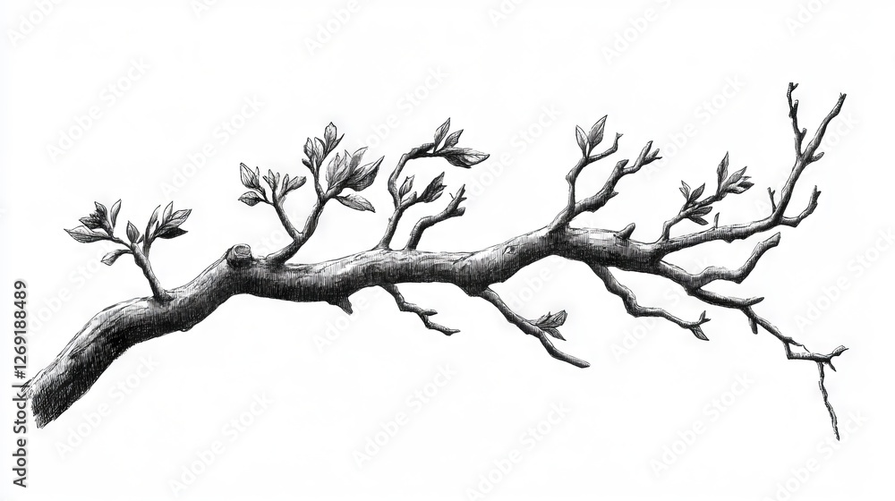 Detailed sketch of a tree branch with budding leaves and intricate twigs in a close-up view Detailed sketch of a tree branch with budding leaves and intricate twigs in a close-up view