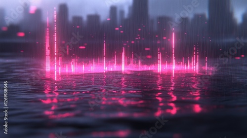 Pink digital data reflected on dark water with city skyline.