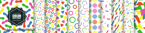 Collection of vector seamless colorful patterns. Bright repeatable fun backgrounds. Vibrant mosaic textures. Trendy children prints. Simple unusual design