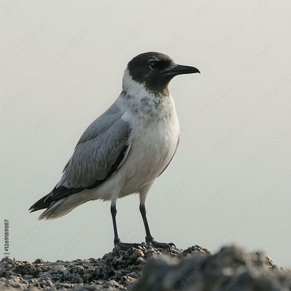 Obraz premium A close-up image of a seagull with a black head and gray body perched on a rocky surface against a pale background.