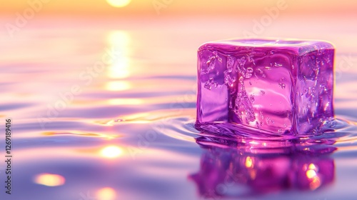 Pink ice cube floats on calm water at sunset.