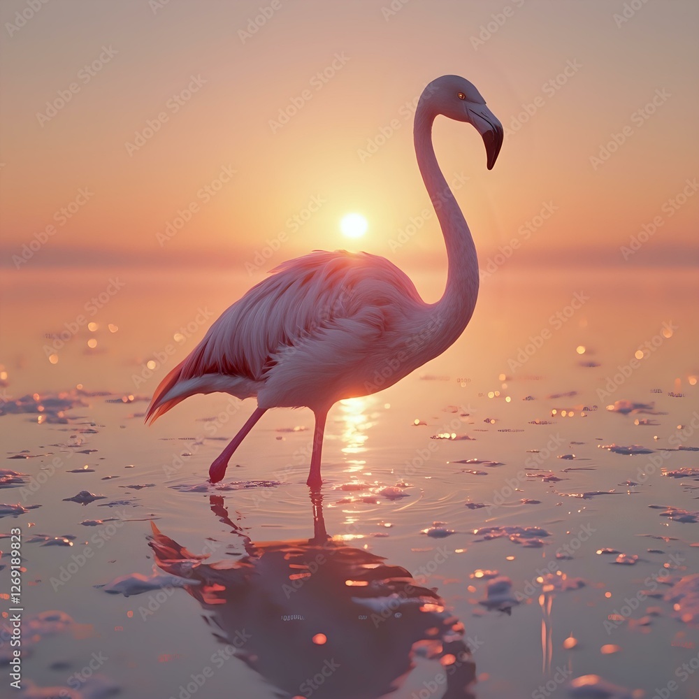 A flamingo stands in shallow water at sunset, its reflection visible on the water's surface, with the setting sun casting a warm glow over the scene.