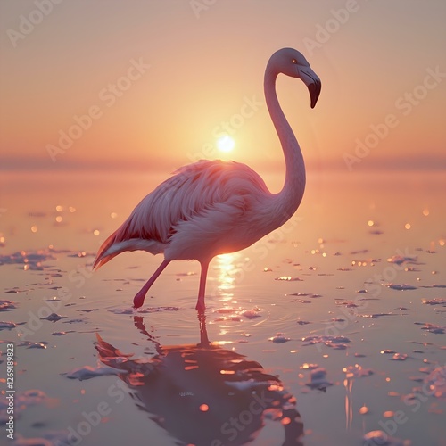 Obraz na płótnie A flamingo stands in shallow water at sunset, its reflection visible on the water's surface, with the setting sun casting a warm glow over the scene. w salonie