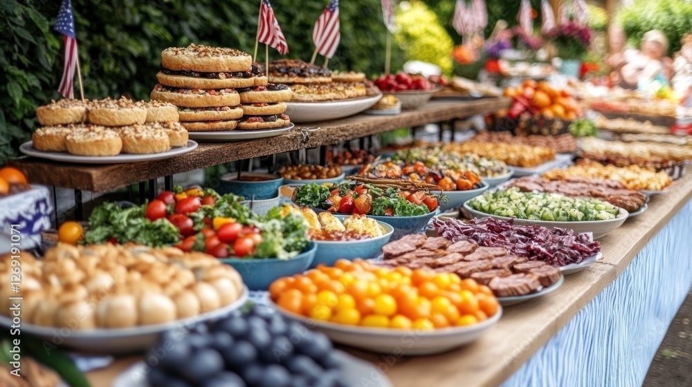 Abundant buffet table with various foods, desserts, and salads for a festive outdoor gathering. Abundant buffet table with various foods, desserts, and salads for a festive outdoor gathering.