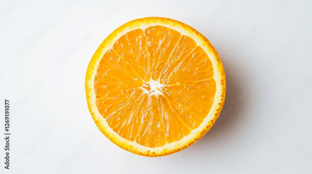 Fototapeta premium Orange Slice on Pristine White Background Highlighting Glossy Surface and Detailed Segments