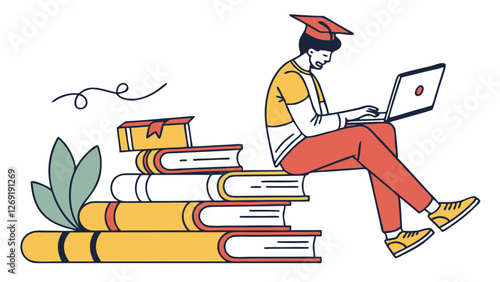 Vector illustration: Student on book stack with laptop, depicting modern online education. Colorful minimalist style for e-learning platforms and educational content.