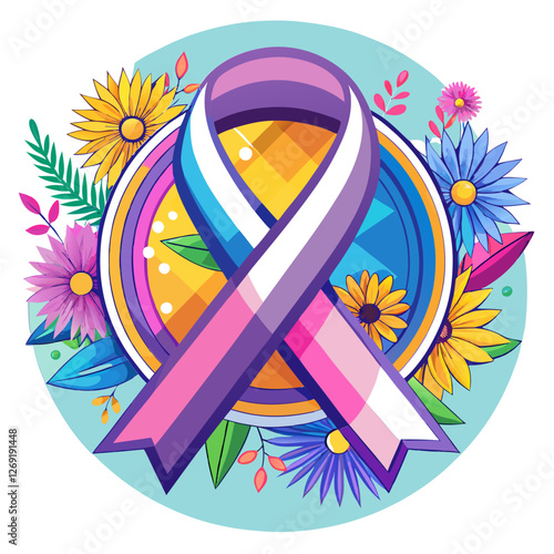 Floral awareness ribbon vector art. Colorful design with flowers for support and solidarity. Minimalist style for health and social cause content.