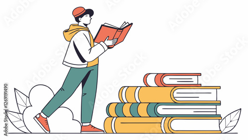 Vector art of person reading while walking on stack of books. Lifelong learning concept.