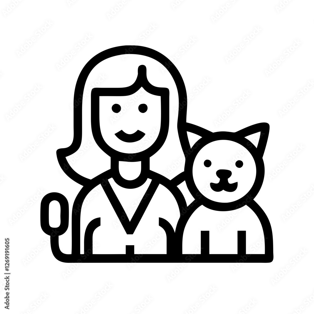 Fototapeta premium Black and white icon of veterinarian with cat