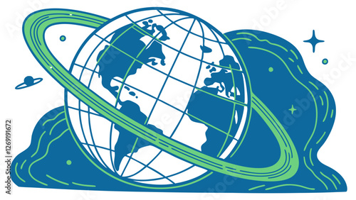 Colorful vector illustration of globe with orbiting ring and stars