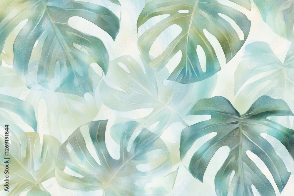 Fototapeta premium Watercolor Monstera Leaves Pattern - Lush Green Botanical Art Background