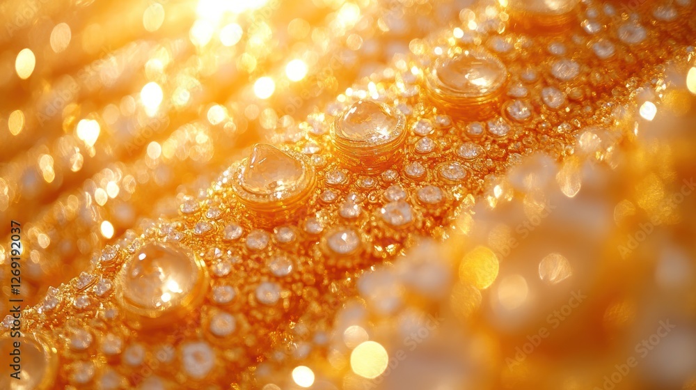 Close-up of golden fabric adorned with sparkling crystals and water droplets, illuminated by warm light. Close-up of golden fabric adorned with sparkling crystals and water droplets, illuminated by warm light.