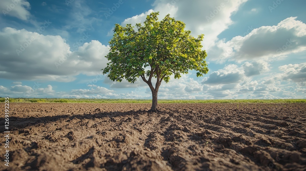 Majestic Tree in Vibrant Landscape with Cloudy Sky and Rich Earth for Sustainability Concept Majestic Tree in Vibrant Landscape with Cloudy Sky and Rich Earth for Sustainability Concept