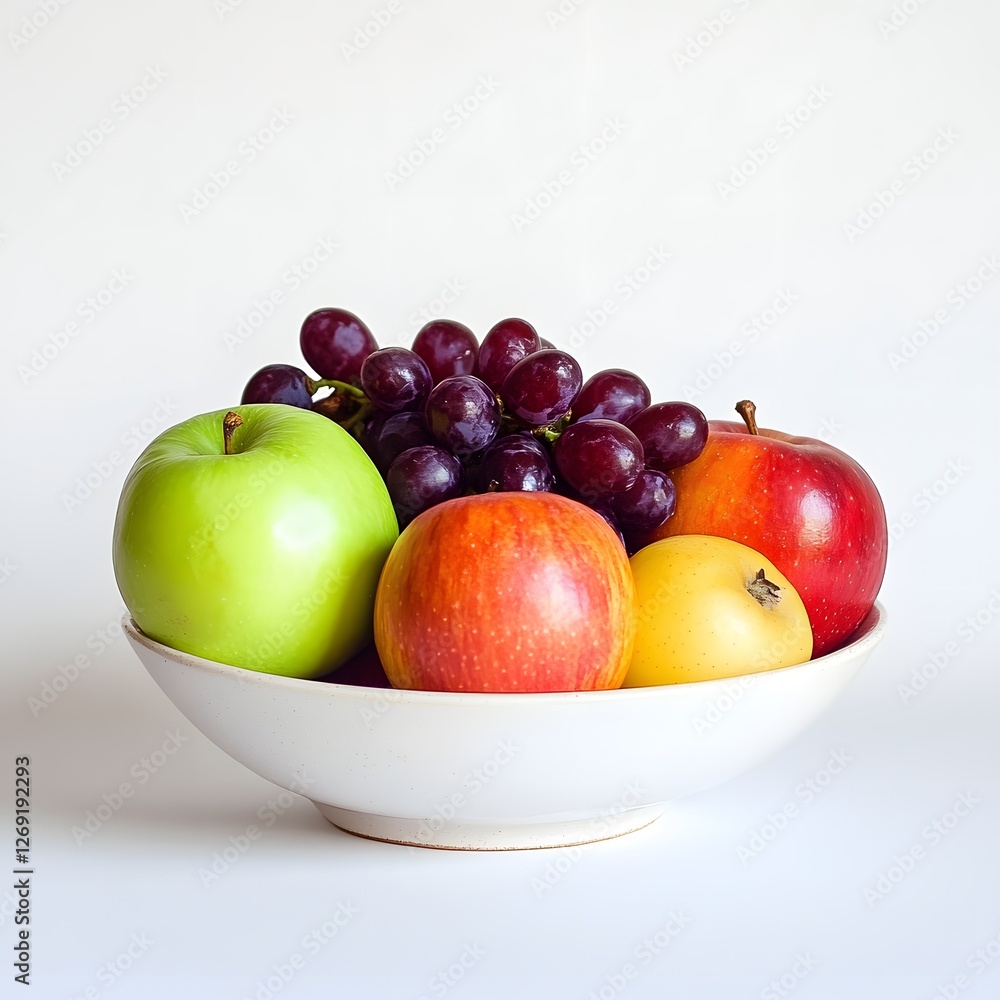 Colorful Fresh Fruit Arrangement in White Ceramic Bowl on Table Colorful Fresh Fruit Arrangement in White Ceramic Bowl on Table