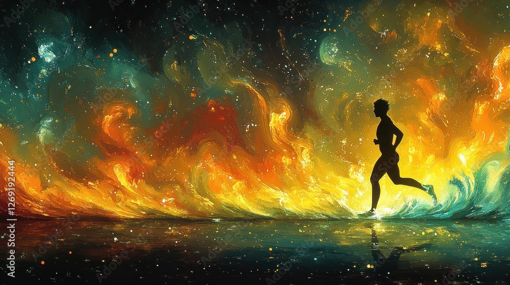 Naklejka premium Silhouette of a runner amidst fiery, cosmic landscape.