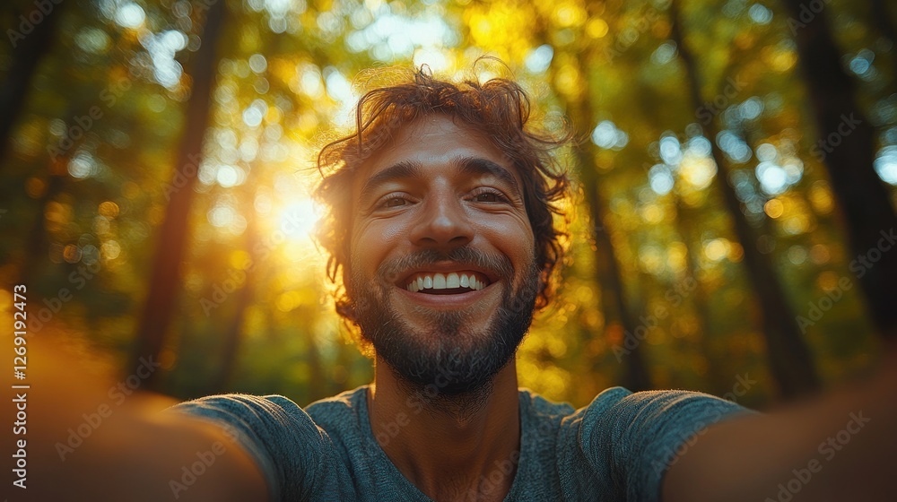Happy man smiling in forest selfie. Happy man smiling in forest selfie.