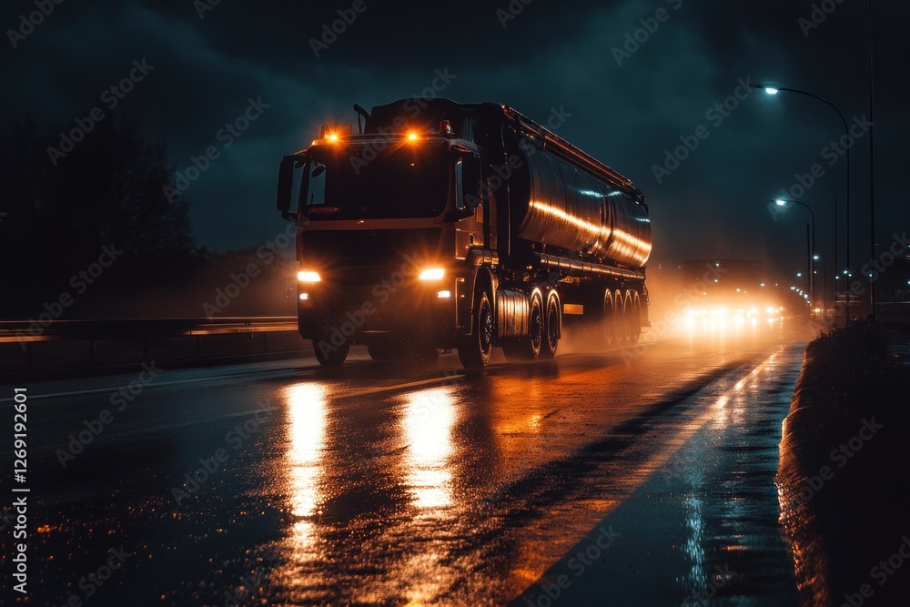 illuminated truck driving on wet highway at night with glowing streetlights and reflection on road. transportation and logistics concept. illuminated truck driving on wet highway at night with glowing streetlights and reflection on road. transportation and logistics concept.