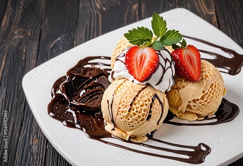Creamy vanilla ice cream drizzled with rich chocolate syrup, and topped with fresh strawberries and whipped cream for the perfect sweet treat