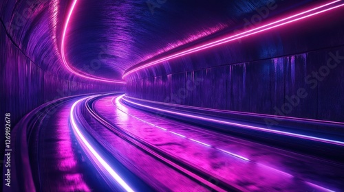 Futuristic neon-lit tunnel with glowing lines and motion blur.