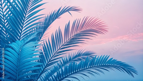 Blue Palm Leaves Against Pink Sunset Minimalist Tropical Composition, Palm Fronds, Pastel Sky, Summer Aesthetic tropical, palm leaf