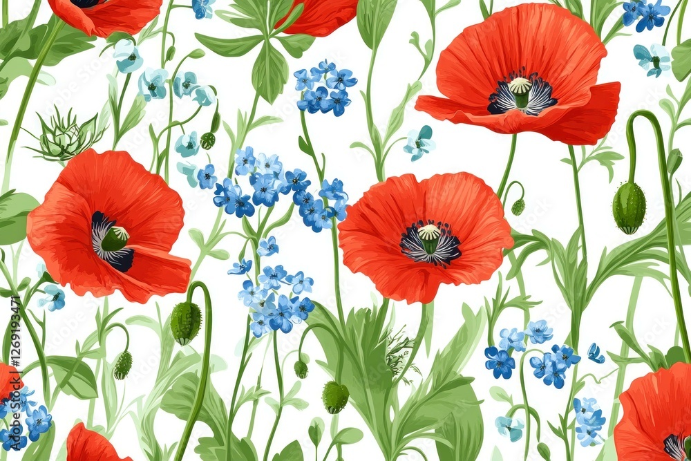 Fototapeta premium Vibrant floral pattern featuring red poppies and blue forget me nots on a bright white background, perfect for spring themed designs and textiles