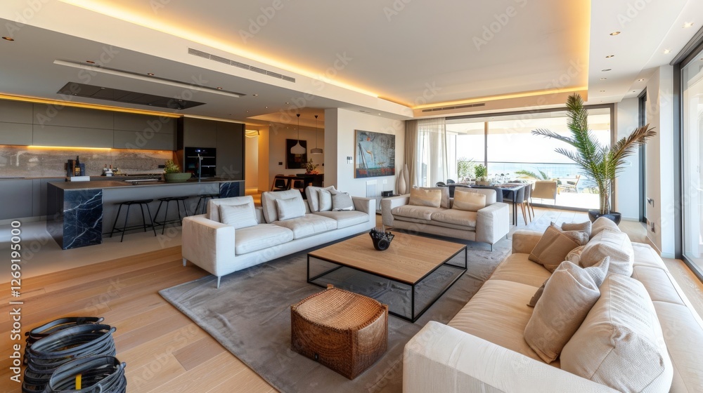 Spacious living room with an open-plan layout and modern furniture Spacious living room with an open-plan layout and modern furniture