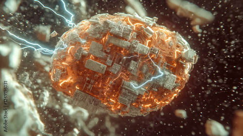 Cybernetic planetoid with glowing circuits and electrical surges in deep space