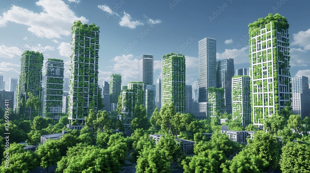 Fototapeta premium Greenery reclaiming futuristic cityscape.