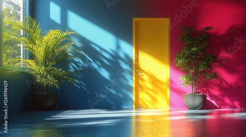 Vibrant room with yellow door, blue and pink walls, potted plants, and sunlight.