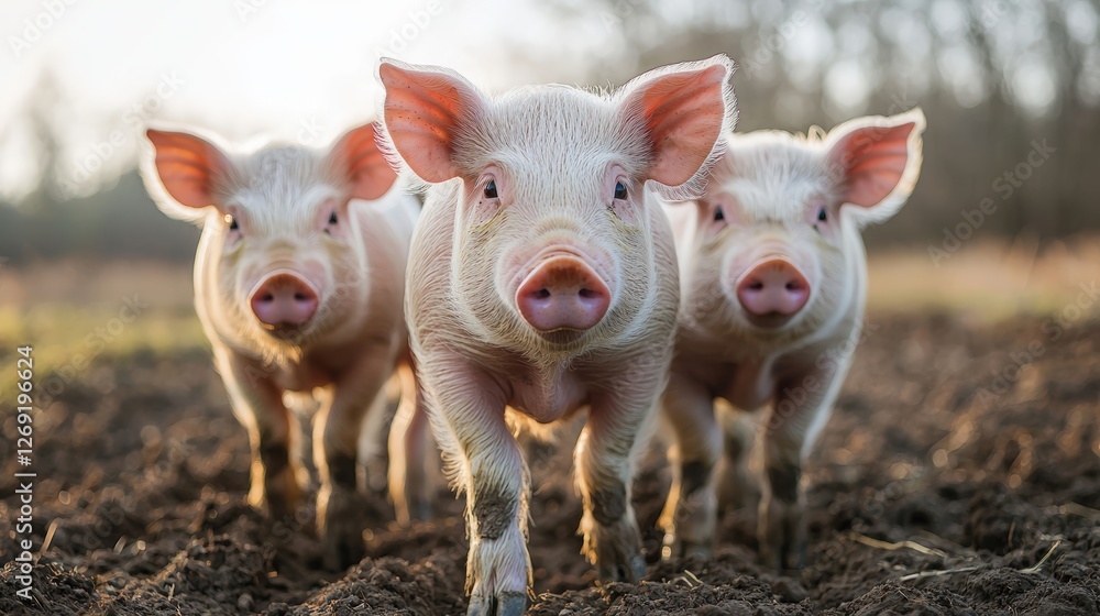 Three Playful Piglets Walking Together on a Farm During a Beautiful Sunny Day Three Playful Piglets Walking Together on a Farm During a Beautiful Sunny Day