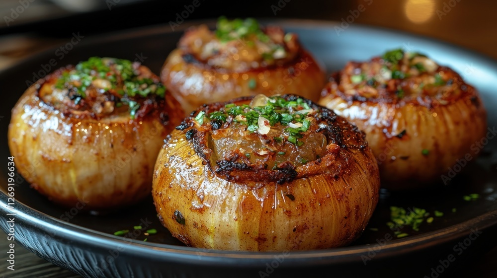 Four caramelized onions stuffed with savory meat filling, garnished with fresh herbs, served on a dark plate. Four caramelized onions stuffed with savory meat filling, garnished with fresh herbs, served on a dark plate.