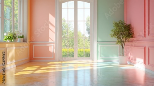 Sunny pastel room interior with French doors, plants, and sunlight.