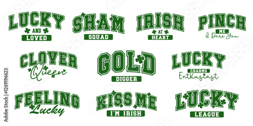 A festive collection of St. Patrick's Day typography designs featuring lucky phrases, clovers, and Irish-themed elements. Perfect for t-shirts, mugs, prints, party decorations, and digital designs
