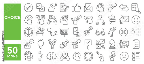 Set of 50 line icons related to choice, choose, decision, election, selection, variety, option, true, false, agreement, dilemma, opinion, checkbox, Editable stroke. Vector illustration