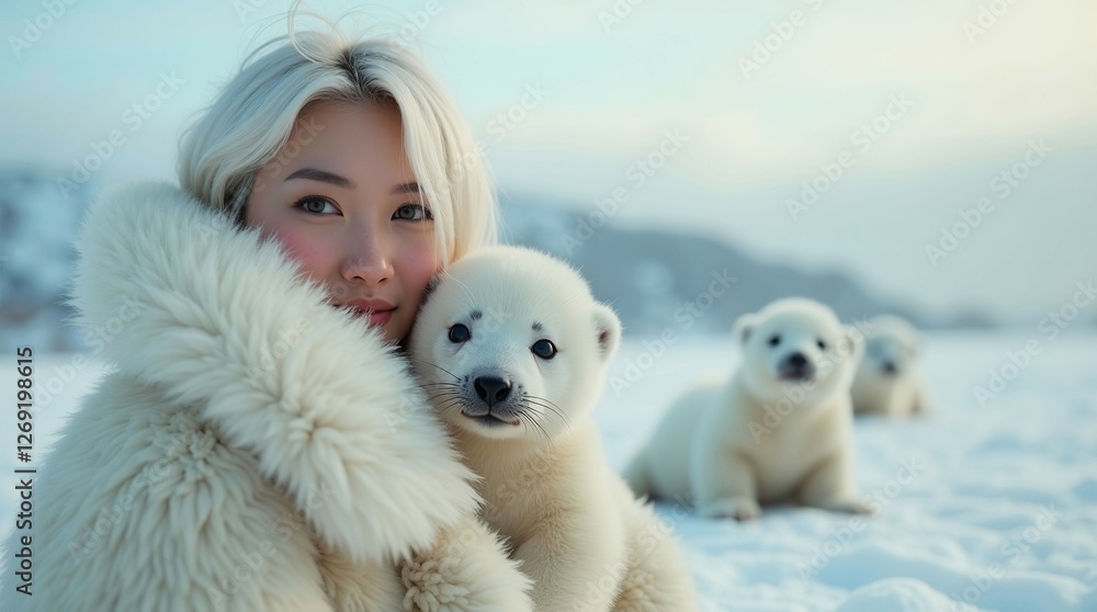 A woman is posing with a group of baby polar bears. The scene is set in a snowy environment, with the woman wearing a fur coat and the bears huddled together. Scene is warm and inviting, as the woman A woman is posing with a group of baby polar bears. The scene is set in a snowy environment, with the woman wearing a fur coat and the bears huddled together. Scene is warm and inviting, as the woman