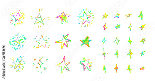 Set of colorful neon chalk drawing stars. Shine or sparkle doodle collection. Children style rainbow wax pencil handdrawing elements of night sky. Vector crayon scratch grunge texture star shapes