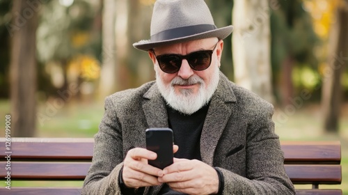 Elderly man wearing a hat and sunglasses seated on a park bench outdoors with...
